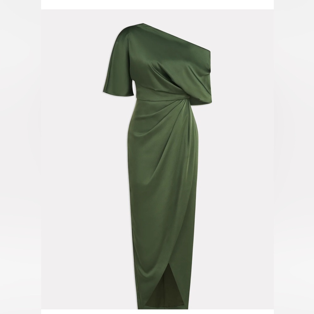 Theia One-Shoulder Olive Green Draped Evening Dress